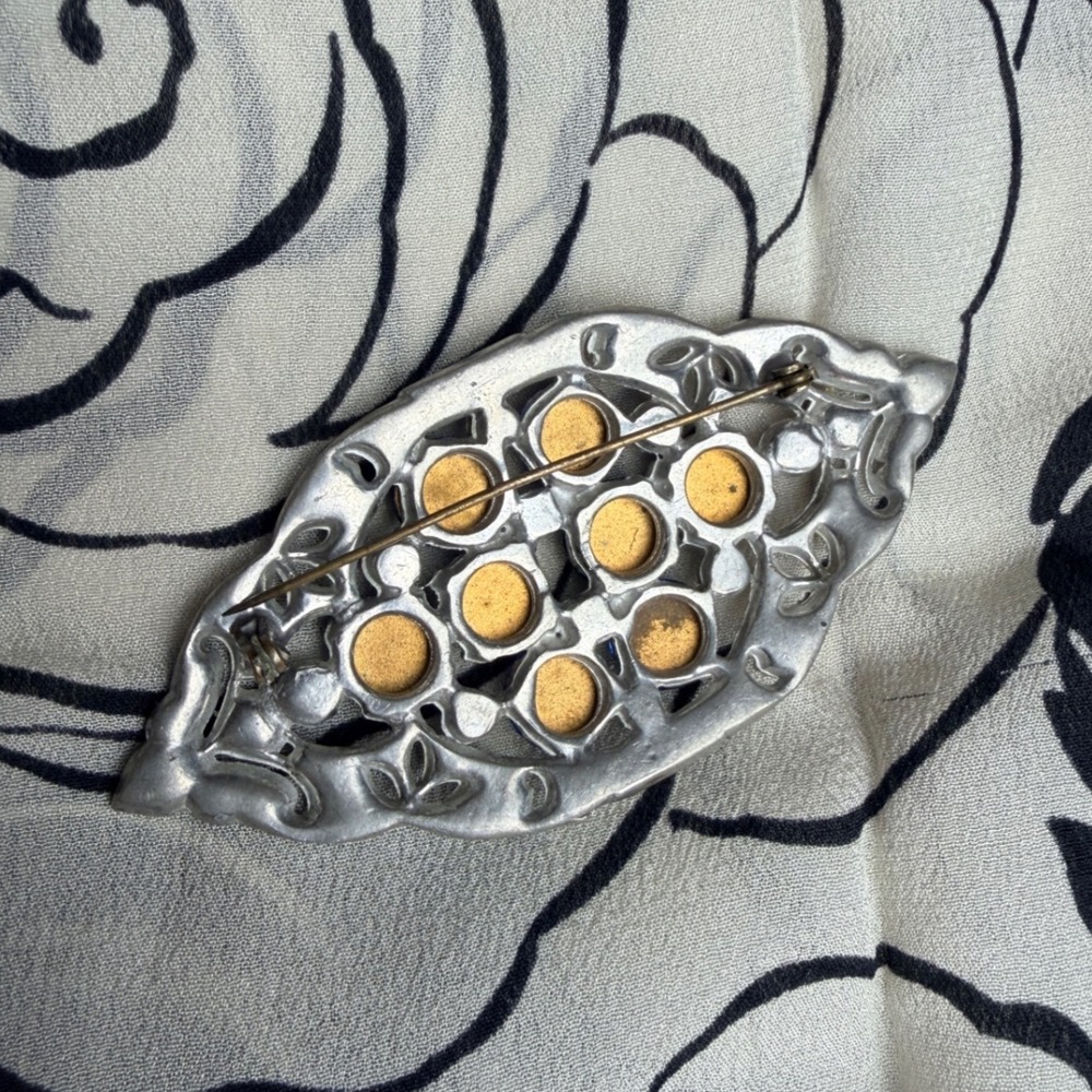 Vintage Art Deco Style Rhinestone and Cobalt Blue Brooch Silver Tone - Picture 2 of 5